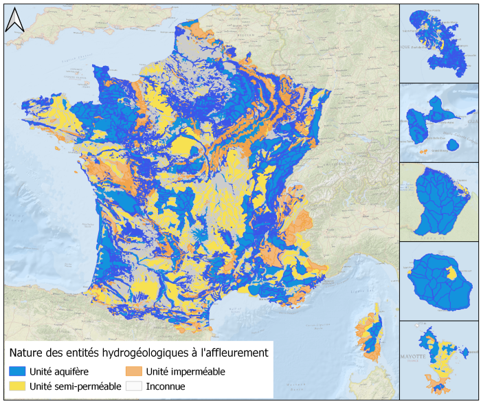 Représentation des entités BDLISA à l'affleurement à l'échelle de la France, par nature.