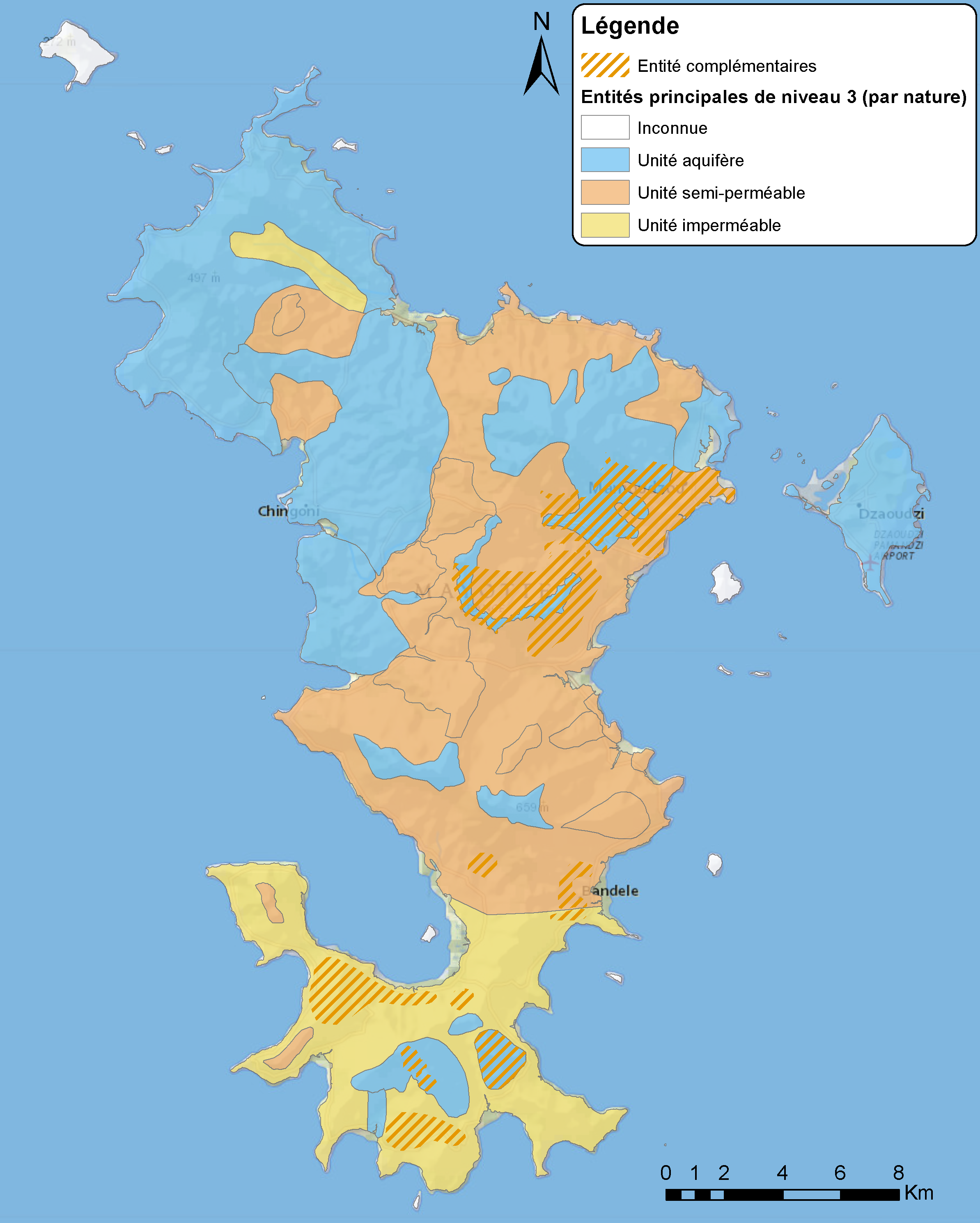 Carte des entités BDLISA complémentaires et principales de niveau 3 de l'île de Mayotte (BDLISA V2) 