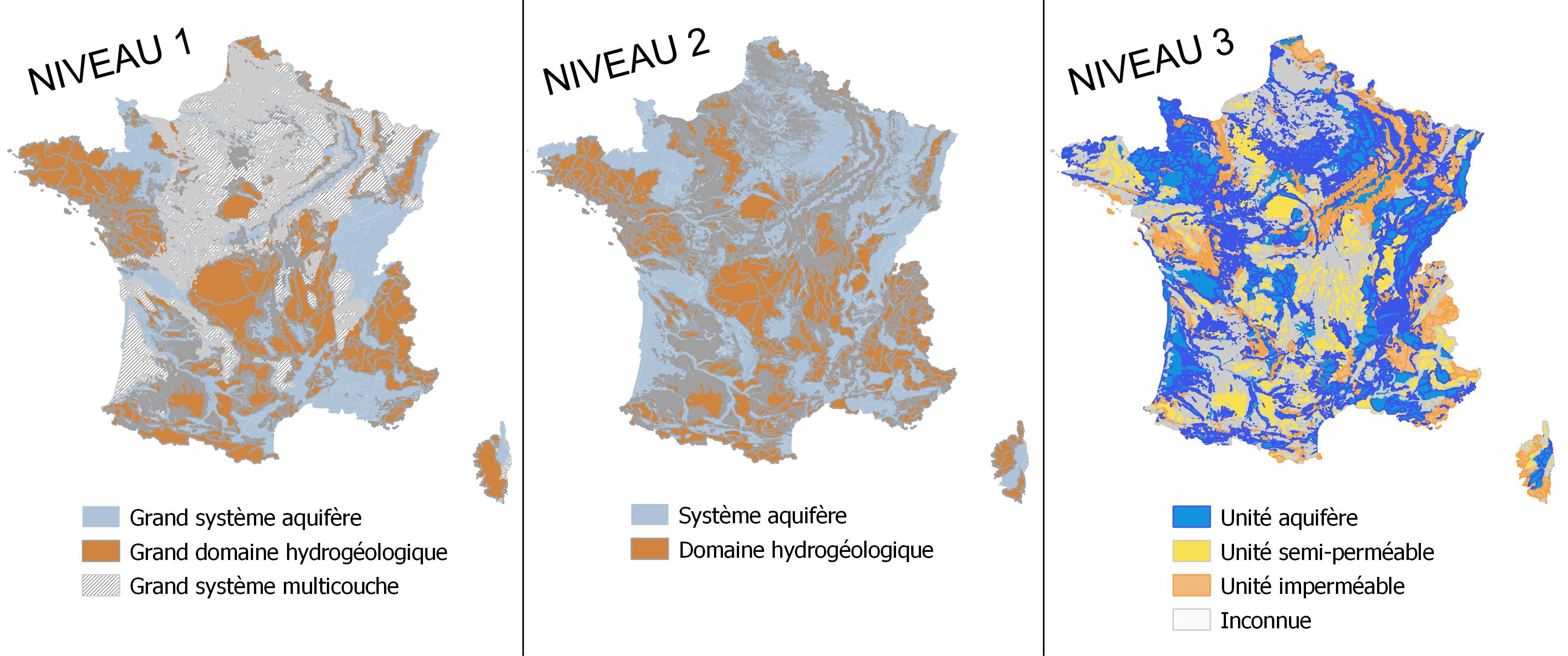Trois cartes nationales des entités hydrogéologiques de la BDLISA V3, selon les niveaux de représentation
