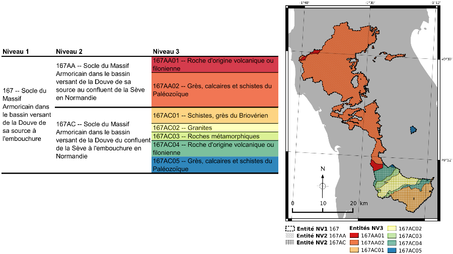 Tableau multi-échelle exposant les entités hydrogéologiques de Basse-Normandie sur les trois niveaux de représentation, ainsi qu'une cartographie de ces entités.