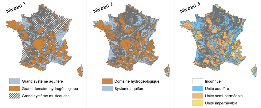 Trois cartes nationales des entités hydrogéologiques de la BDLISA V2, selon les niveaux de représentation