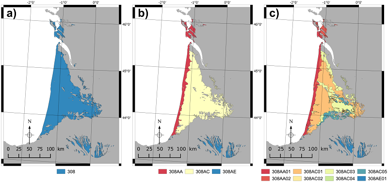 Série de trois cartes représentant les trois niveaux de visualisation de la BDLISA - Exemple du Grand système aquifère multicouche Plio-Quaternaire des landes de Gascogne et du Lannemezan.