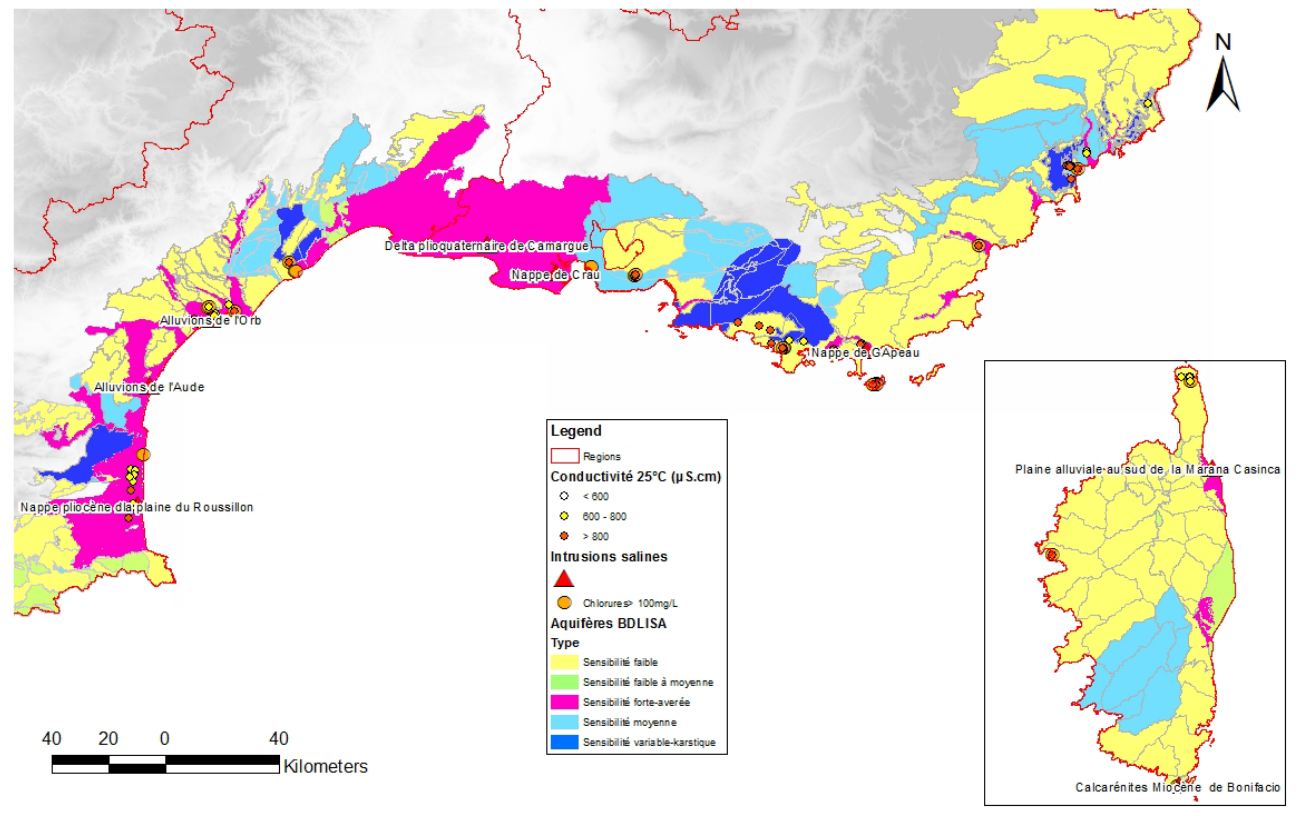 Carte de vulnérabilité générale des aquifères côtiers vis-à-vis de l’intrusion marine pour la côte méditerranéenne, d’après Dörfliger et al., 2011